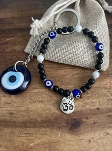 Gemstone Evil Eyes Protection Bracelet 7-8” Stretchable + Key Chain Om Charm - Picture 1 of 5