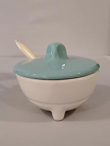 Vintage USA Pottery Sugar Bowl/Honey Pot w/Spoon Robin Egg Blue/Teal/Turquoise - Picture 1 of 13