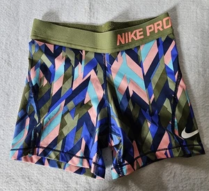 Nike Pro Compression Shorts Medium Green Waistband Multicolor Geometric Print - Picture 1 of 7