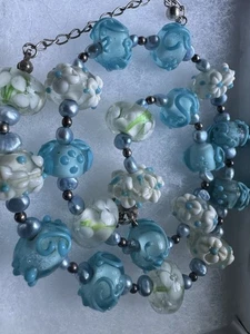 "Collar Diseñadora Donna Dressler 925 Arte Murano Vidrio Azul Blanco 18-21""" - Imagen 1 de 11