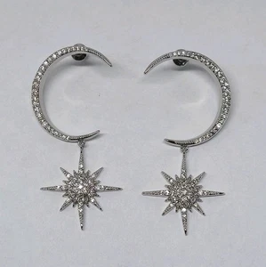 Orecchini pendenti/goccia argento sterling 925 fine 2 ct diamanti simulati luna e stella - Foto 1 di 6