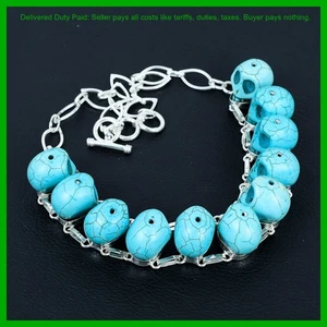 925 Silver Natural Santa Rosa Turquoise New Skull Bone Face Chain Bezel Necklace - Picture 1 of 6