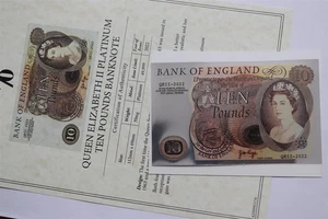 🧭 🇬🇧 UK GB 10 POUNDS PLATINUM BANKNOTE WITH COA B87 #32 - Picture 1 of 4