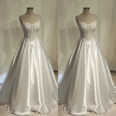 Elegantes vestidos de noiva sem alças renda linha A cetim varredura trem vestidos de noiva - Imagem 1 de 4