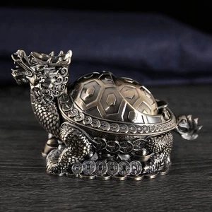 Vintage Ashtray 3 Slots Windproof Lid Colorfast Zinc Alloy Tortoise Dragon Metal - Picture 1 of 22