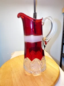 Vintage Bohemian Crystal Pitcher Ruby Red Cut to Clear Thick Glass Jug 11 1/2" - Picture 1 of 13