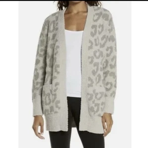 NWT Barefoot Dreams CozyChic Leopard Cardigan Sweater Linen Warm Grey Size M - Picture 1 of 7