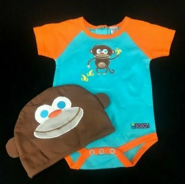 Baby body suit cap set Sozo 6-9 months monkey jungle orange blue one piece hat - Image 1 of 4