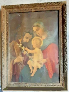 antica icona capoletto oleografia Sacra Famiglia Maria San Giuseppe Gesù Bambino - Imagen 1 de 2