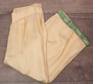 VTG Women's 20s Cream Silk Pajama Pants W/ Teal Asian Print Trim Sz L/XL 1920s - Picture 1 of 20