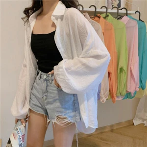 Women's Button Down Long Sleeve Beach Cover Up Blouse Top Shirt Swimsuit Bikini - Picture 1 of 20