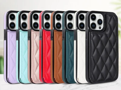 Luxury Grid Leather Card Slot Cover Case For 11 12 13 14 15 Pro Max XR 7 8 SE2 - Image 1 of 4