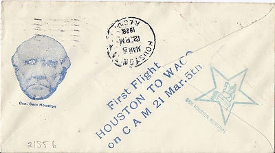 1928 US FFC CAM 21 - Waco, TX - Aero Philatelic Society - Sam Houston Cachet - Image 1 of 2