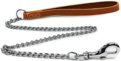 Chain Dog Lead - Brown Tan Leather. Medium - 80cm (30KG). - Image 1 of 4