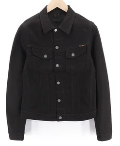 NUDIE JEANS Men Jacket S Black Denim Unlined Polo Neck Pockets Button Closure Lo - Picture 1 of 9