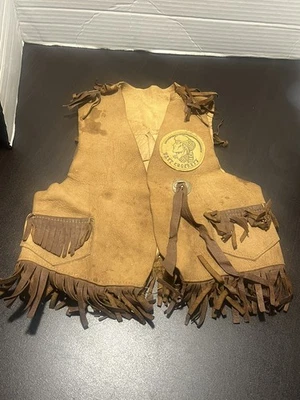 Chaleco DAVY CROCKETT Vintage con Flecos Niño Niños Vaquero Western Gamuza Cuero Foto 1 de 4