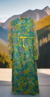Vintage 60s Dress Boho Hippie Floral Organza Flower Power Homemade Maxi Size S/M - Image 1 of 4
