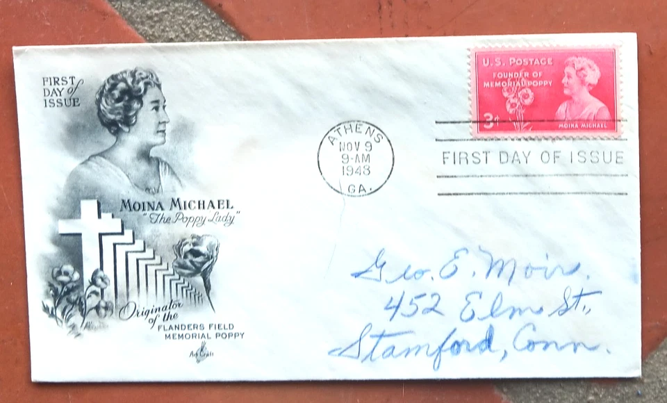 WW2   MEMORIAL POPPY MOINA MICHAEL FALLEN SOLDIERS ARTCRAFT 1948 FDC OPEN FLAP - Image 1 of 1