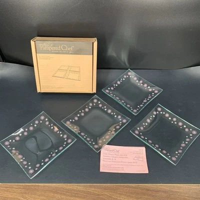 Retired Pampered Chef Glass Plates 6" Square DAISY #2818 Pink White Floral 4-Pc - Image 1 of 4