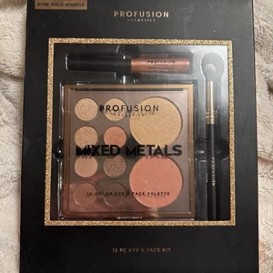 NEU Profusion gemischte Metalle 12 Stück Augen & Gesicht Kit Rose Gold Glitzer Make-up - Bild 1 von 5