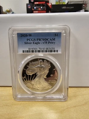 2020 W PCGS PR70 DCAM V75 Privy 1 oz Silver American Eagle US $1 Coin - Image 1 of 4