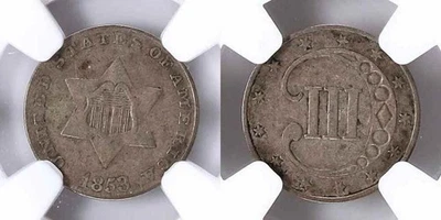 1853 United States Three-Cent Very Fine Silver Coin NGC Graded VF 25 - Image 1 of 3