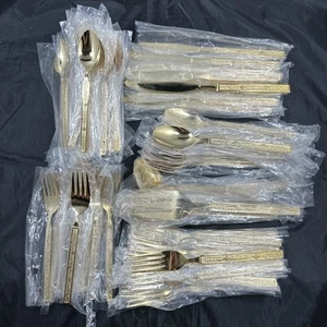 79 Pc Nasco Gold Tone Kashmir Vintage Stainless Steel Flatware Korea Modern MCM - Picture 1 of 21