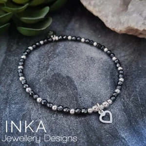 Inka 925 Sterling Silver & Hematite bead Stacking Bracelet with Heart Charm - Picture 1 of 8