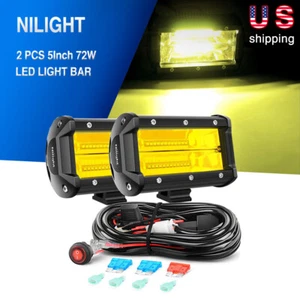 Nilight Yellow 5inch 72W LED Light Bar Dual Row Driving Fog Lamp OFFROAD Tractor - Picture 1 of 8