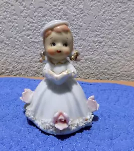 Small Girl Bell with Book, Pink Roses and Spaghetti Trim - Picture 1 of 9