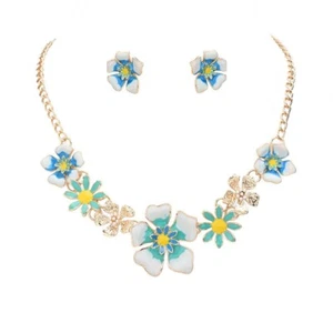 TIGERSTARS ROMANTIC ENAMEL BLUE FLORAL NECKLACE SET - Picture 1 of 2