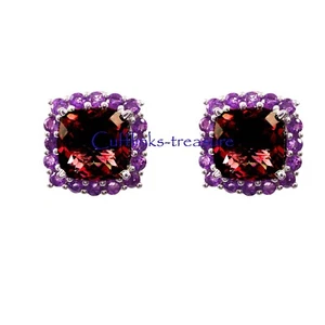Natural Amethyst & Garnet Gemstones With 925 Sterling Silver Men Cufflinks #334 - Picture 1 of 7