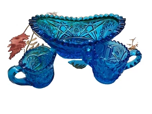 Vintage LE Smith Glass Co (?) Blue Oval Bowl, Mini Creamer/Sugar Sawtooth Rim - Picture 1 of 8