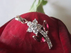 Sterling Silver 925 Pendant with CZ and Pink Crystal - Picture 1 of 2