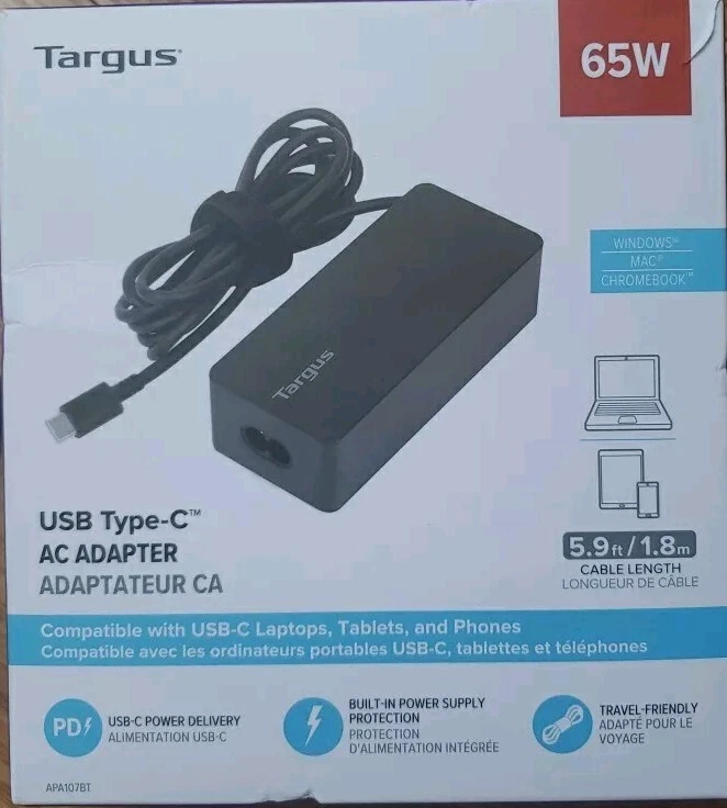 Targus 65W USB-C Adapter Laptop Tablet Phone Charger 5.9 ft. in Black - Image 1 of 1