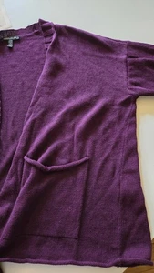 Eileen Fisher LG Blackberry Linen Cotton Cardigan Purple Open Sweater Pockets - Picture 1 of 5