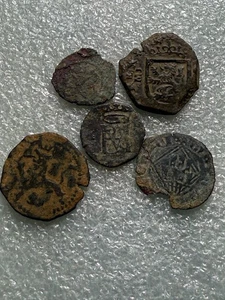 UNCLEANED LOT OF 5 Nice Cob Coins Real 1500’s To 1600's Spain Treasure Era #2-G - Picture 1 of 5