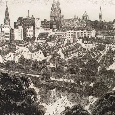 Hertha Peschke-Scholz Bremen Ansicht Postwar sign Linolschnitt 20 Jhd A 23/22 - Bild 1 von 4