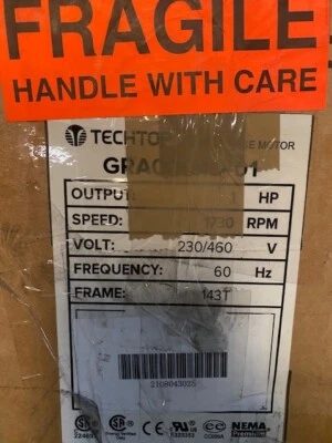 Techtop Motor NEMA 1 HP Three Phase 230/460V 1800 RPM 143T - Image 1 of 2