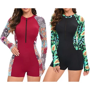 Women Bathing Suit One-piece Swimsuit Boyleg Swimwear Front Zipper Jumpsuit - Picture 1 of 29