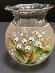 Maiglöckchen VASE gekräuselt antik handemailliert & vergoldet rosa Milchglas - Bild 1 von 16