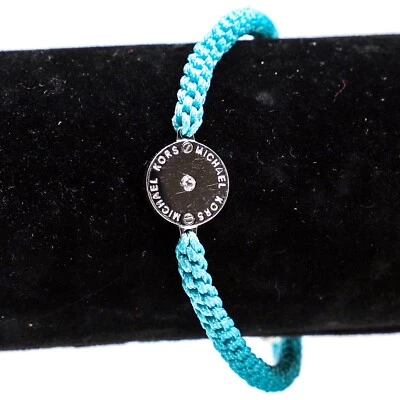 Michael Kors Bracelet Light Blue Macrame Braided Cord Slider Silver Tone Signed - Image 1 of 4