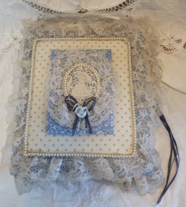 Álbum de fotos vintage acolchado cubierto de tela azul y blanco hecho a mano carpeta de 3 anillas - Imagen 1 de 14