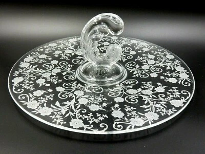 VINTAGE FOSTORIA ETCHED FLORAL ROSES GLASS HANDLE FOOD SNACK SERVING TRAY - Image 1 of 4
