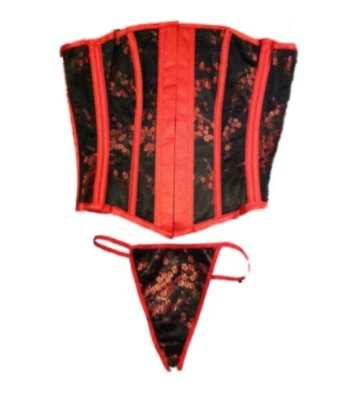 Black & Red Satin Corset & G-String Set UK 10 Medium Asian Brocade floral Womens - Image 1 of 4