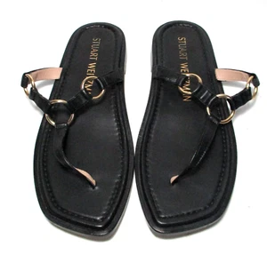 STUART WEITZMAN Lalita Gold Ring Thong Sandals Flip Flops Black Leather 9 1/2 - Picture 1 of 5