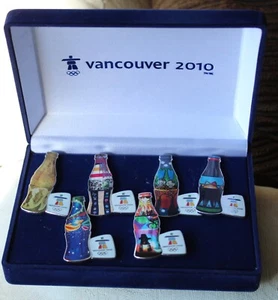 Complete coca cola  bottles  Authentic 2010 Vancouver Olympic pin button Box New - Picture 1 of 3