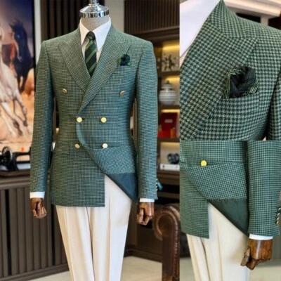 Traje de cambray verde para hombre chaqueta de cuello pico estilo elegante blazer Foto 1 de 4
