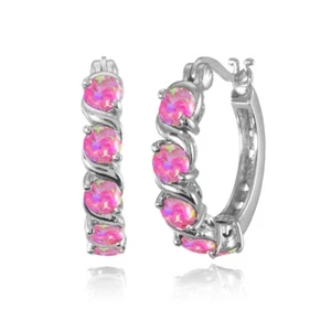 S Design Round Simulated Pink Opal Hoop Earrings in Sterling Silver - Picture 1 of 3
