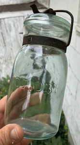 Odd closured Aqua Pint Sized GLOBE fruit jar w/ large number 6 (or 9) on base!!! - Picture 1 of 5